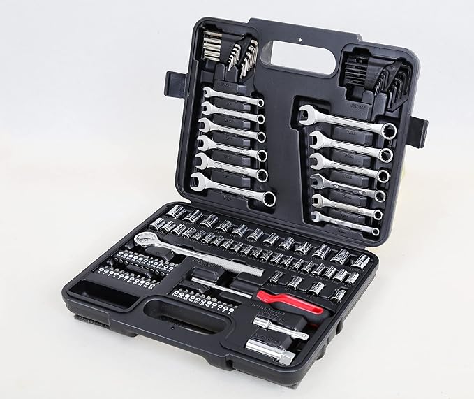 121 Piece Mechanic Tool Set, 1/4 & 3/8 Inch Drive Metric & Standard Socket Wrench Kit, for General, Home, Car, Mechanics, Automotive Repair Tool Kit and as A Gift