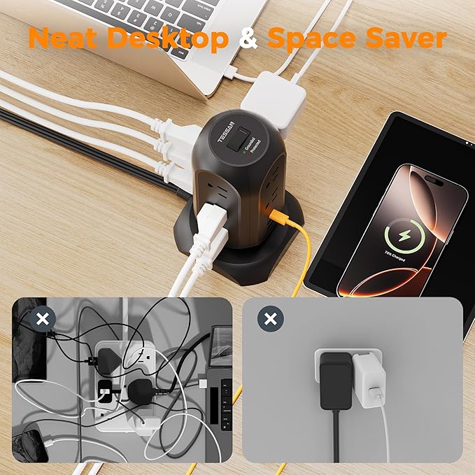 TESSAN Tower Power Strip Flat Plug with 11 Outlets 3 USB (1 USB C), Surge Protector Tower 1625W/13A,1050J Protection, 10 Feet Extension Cord with Multiple Outlets, Dorm, Office Desk Supplies, Black
