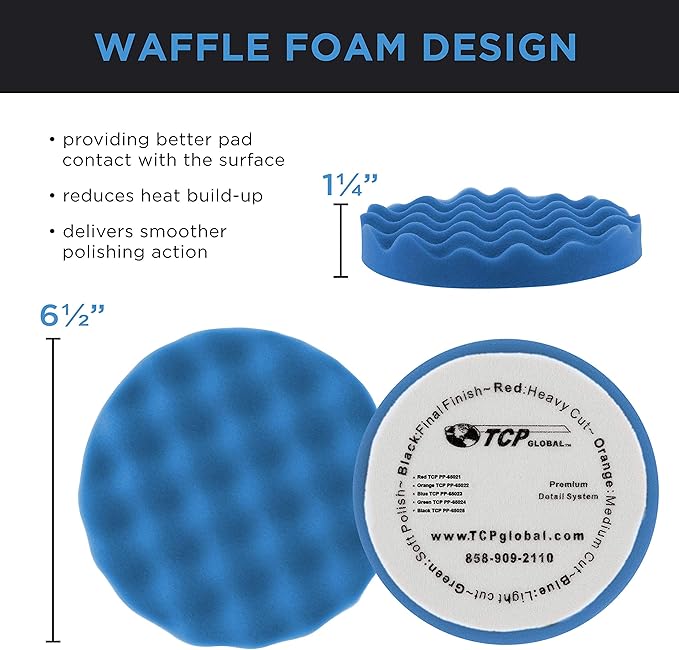TCP Global 6.5" Blue Waffle Foam Buffing Pad Hook and Loop Backing - Light Cut Pad for Polishing, Automotive, Marine, Truck, RV & Compound Cutting, Car Polishing Pads