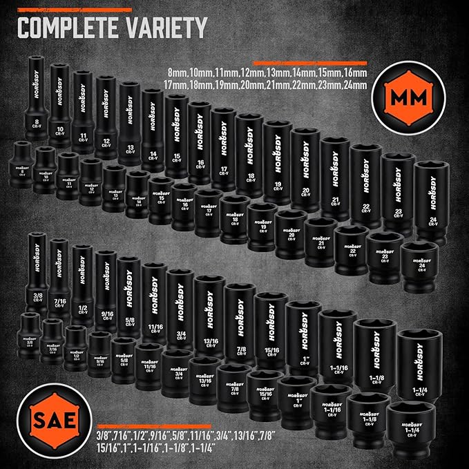 HORUSDY 1/2" Drive Impact Socket Set, 67 Piece, SAE (3/8" to 1-1/4") and Metric (8-24mm), 6 Point, Cr-V, Includes 1/2-Inch Drive Ratchet Handle, Extension Bar, Universal Joint and Adapter