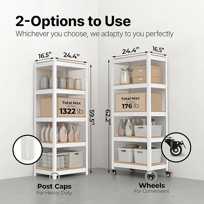 HOMEDANT House 24.4" W 5 Tier Heavy Duty Garage Shelving Adjustable Metal Rack Storage Shelves Standing Shelf Unit Organizers Pantry Closet Office White 2Pack