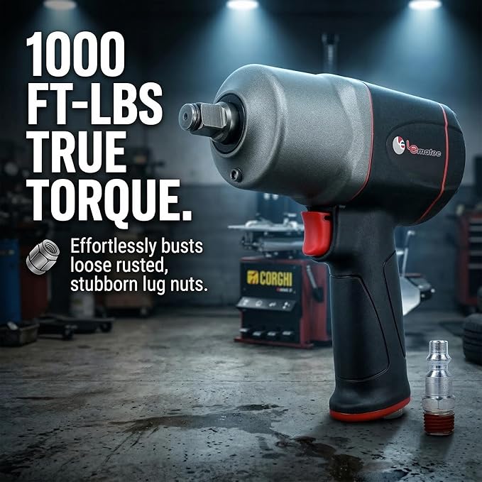 LE LEMATEC 1/2" Impact Wrench - High Torque 1000 ft-lbs, Twin Hammer Pneumatic Impact Gun, Lightweight Aluminum Housing, 8500 RPM for Auto Repair & Tire Shops - LE-IWT-R102