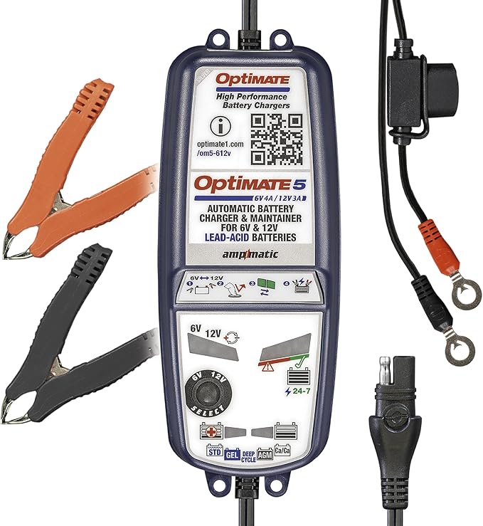 Tecmate Optimate5 6V/12V - 6V 4A / 12V 3A, Model TM321, Silver Series High Performance Battery Charger & maintainer for Deep Cycle Batteries