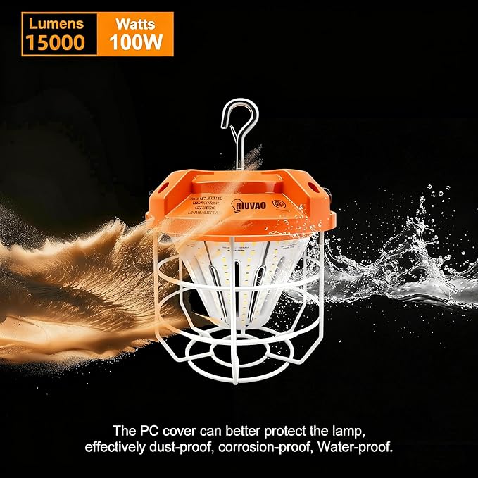 LED Temporary Work Light 100W, 15000Lm, 5000K Daylight White, Portable, Connectable LED Worksite Light with Hook, IP65 Dustproof and Waterproof, Suitable for Wet Locations and Construction Sites