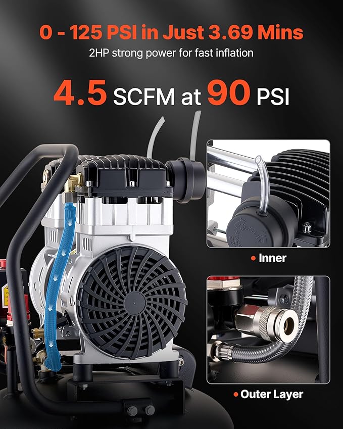 VEVOR 20-Gallon Air Compressor, 2HP 4.5 SCFM at 90PSI, Max 125PSI Pressure Oil-Free Air Compressor Tank, Portable on Wheels for Auto Repair, Tire Inflation, Spray Painting, Woodwork Nailing, 120V