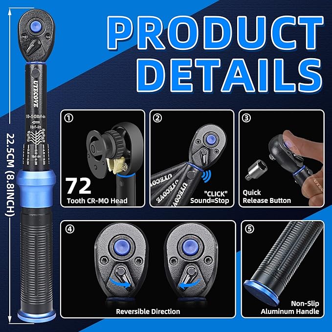 1/4 Inch Drive Click Torque Wrench 10-50 IN-LB,Dual-Direction Click Professional Torque Wrench 10-50IN.LB/1.1-5.7N.M, Dual Range Scales Graduated in FT.LB and N.M, Blue