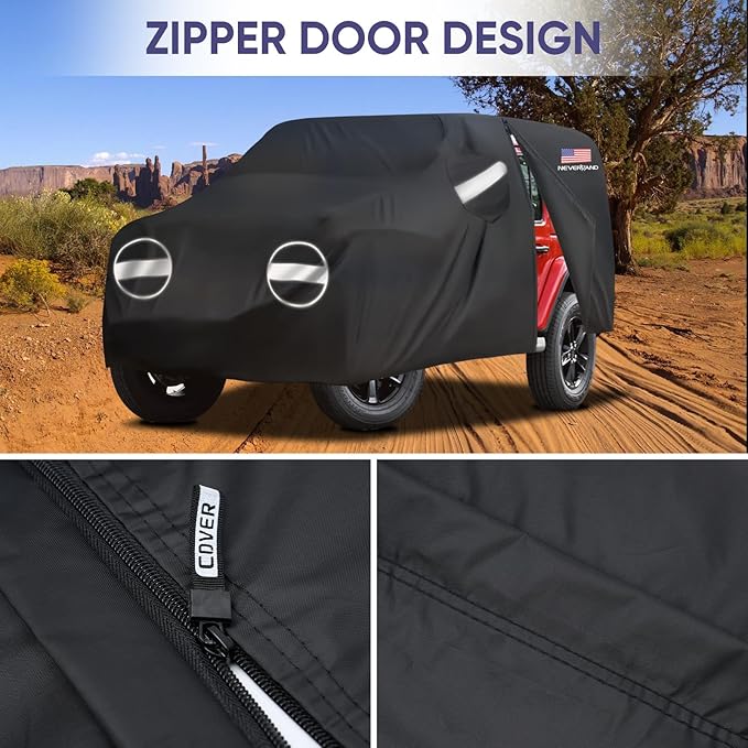 NEVERLAND Car Cover for Jeep Wrangler 4 Door Waterproof Car Covers, All Weather Protection Jeep Sun Rain Protection for Wrangler 4 Fits JK JL JLU JKU 2007-2025 Outdoor Covers Black with Door Zipper