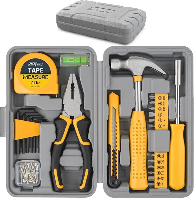 Hi-Spec Small Tool Box for Home and Office DIY, 25-Piece Yellow Mini Tool Kit Set for Basic Household Repairs in a Portable Toolbox Case.