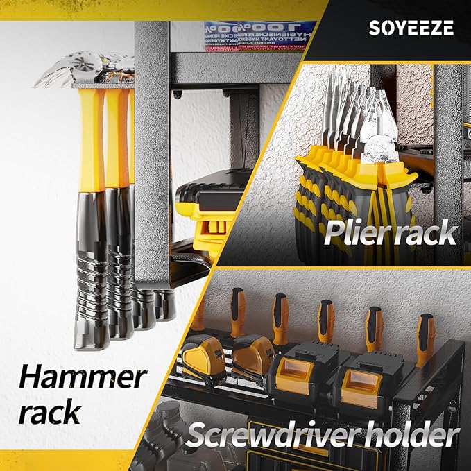 SOYEEZE Power Tool Organizer - 8 Drill & Screwdriver Wall Mount, 3 Layer Storage Rack with Hammer & Plier Holder