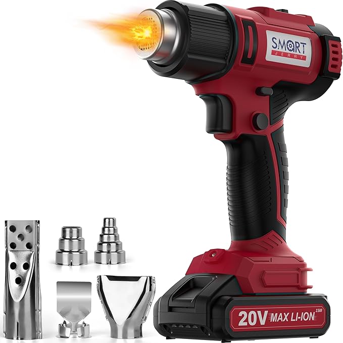 SMART JERRY - Cordless Heat Gun | Portable Heat Gun for Vinyl Wrap, Resin, Crafting, Shrink Tubing, Soldering & Candle Making | Battery Heat Gun Kit w/ 5 Nozzles (20V Li-ion Battery Included)
