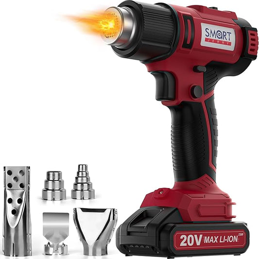 SMART JERRY - Cordless Heat Gun | Portable Heat Gun for Vinyl Wrap, Resin, Crafting, Shrink Tubing, Soldering & Candle Making | Battery Heat Gun Kit w/ 5 Nozzles (20V Li-ion Battery Included)