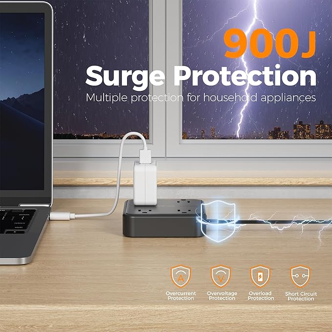 TESSAN Surge Protector Flat Extension Cord 10Ft, Flat Plug Power Strip with 4 Outlets 3 USB Ports (1 USB C), 900 Joules Protection, Multiple Wall Outlet Extender Suitable for Home Office Dorm, Black