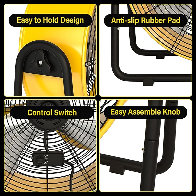 20 Inch Heavy Duty Metal Industrial Drum Fan, 3 Speed Floor Fan for Warehouse, Workshop, Factory and Basement - High Velocity, Yellow