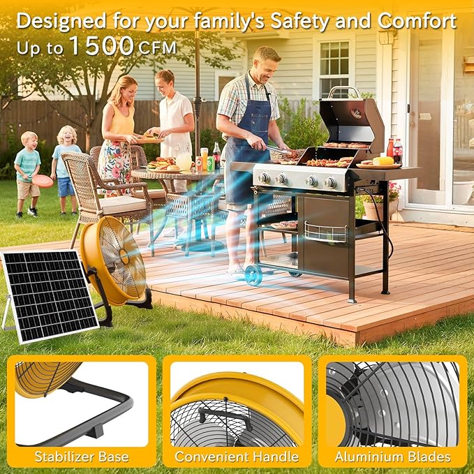 T-SUNUS 12" Solar Floor Fan with 20W Panel & 13200mAh Battery, 1500 CFM Strong Airflow, 4.5-27H Runtime, USB Phone Charging, 360° Tilt, Quiet for Camping, Patio, Garage, Shed, Tent, RV, Outdoor