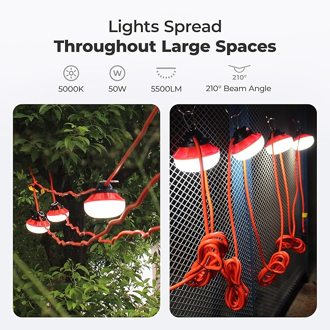 LED Construction String Lights:50w ETL Certified Industrial LED String Work Lights,IP65 Waterproof 18AWG Wire 5000K Super Bright for Attic Jobsite Garage Mine cave,with Hanging Hooks