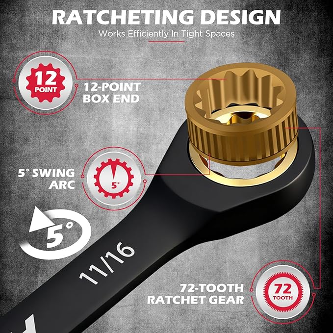 Premium 24-Piece Ratcheting Wrench Set, SAE(1/4-7/8") & Metric(8–19mm) Combination Wrenches, 72-Tooth CR-V Steel with Durable Black Finish, Ratchet Spanners with Roll-Up Tool Pouch for Repair