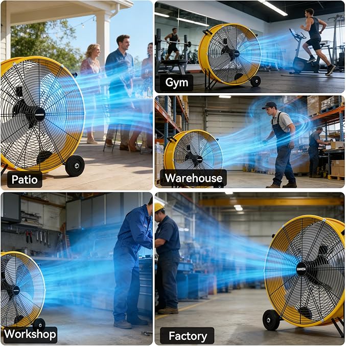 30 Inch Industrial Drum Fan 14000 CFM Ultra High Velocity Floor Fan for Large Warehouse, Shop & Gym - 3-Speed Heavy Duty Metal Cooling Fan with 360° Tilt, Rolling Wheels & UL Safety Listed