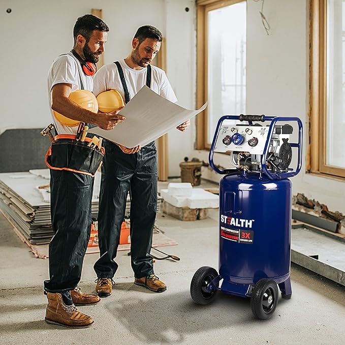 Stealth 20 Gallon Ultra Quiet Air Compressor,1.8 HP Oil-Free Peak 150 PSI 68 Decibel, 5.5 CFM @ 40 PSI 5 CFM @ 90 PSI Silent Long Life Electric Air Compressor W/Wheel for Garage