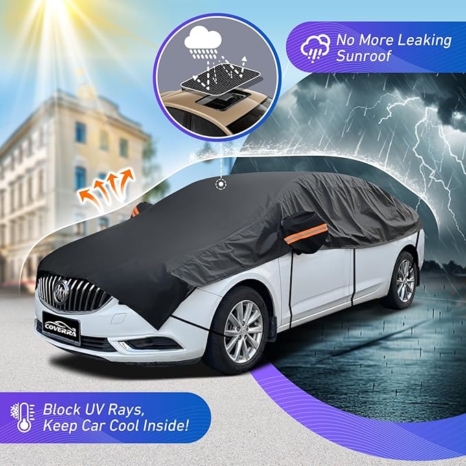 Half Car Cover SUV for Snow, Heavy Duty Roof Cover for All Weather Use, UV, Rain, Sun, Dust Protection Fits Compact/Medium SUV