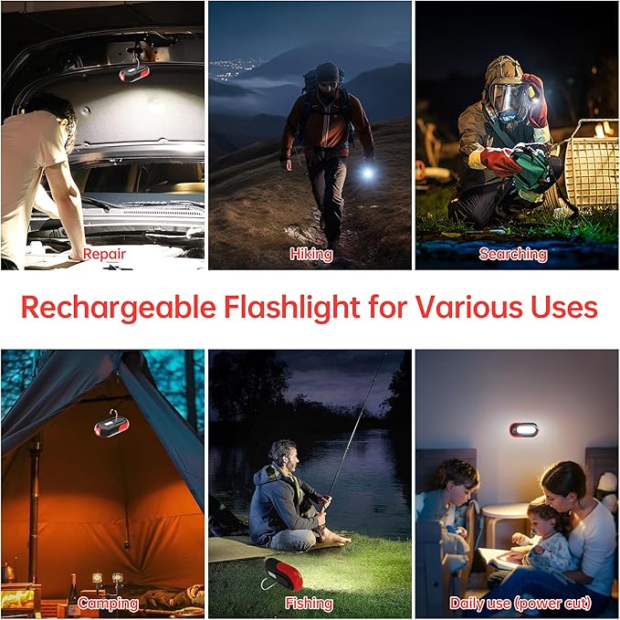 Magnetic Work Light Rechargeable, 400LM LED Work Light with COB Floodlight & Spotlight, 5 Modes, 3–7H Runtime, USB-C Magnetic Flashlight with Hook for Car Repair, Camping, Emergency