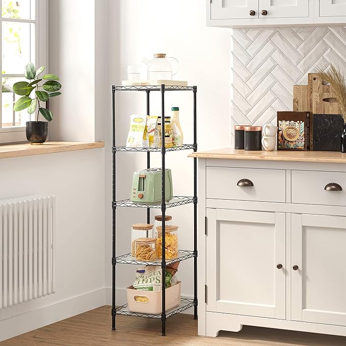 SONGMICS 5-Tier Storage Shelves, Wire Shelving Unit, Kitchen Metal Shelves, Storage Rack with Adjustable Shelves, Shelf Liners, 8 Hooks, for Garage, 11.8 x 15.7 x 47.6 Inches, Black ULGR115B01
