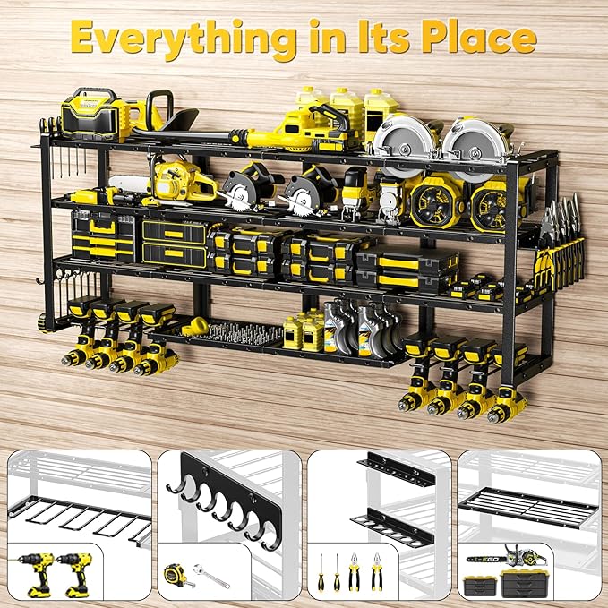 POKIPO Extra Large 64" W Power Tool Organizer Wall Mount, Load 1000 lbs, Heavy Duty 4 Tier Garage Storage Rack with 8 Drill Holders, 2 in 1 Corner or Straight Installation
