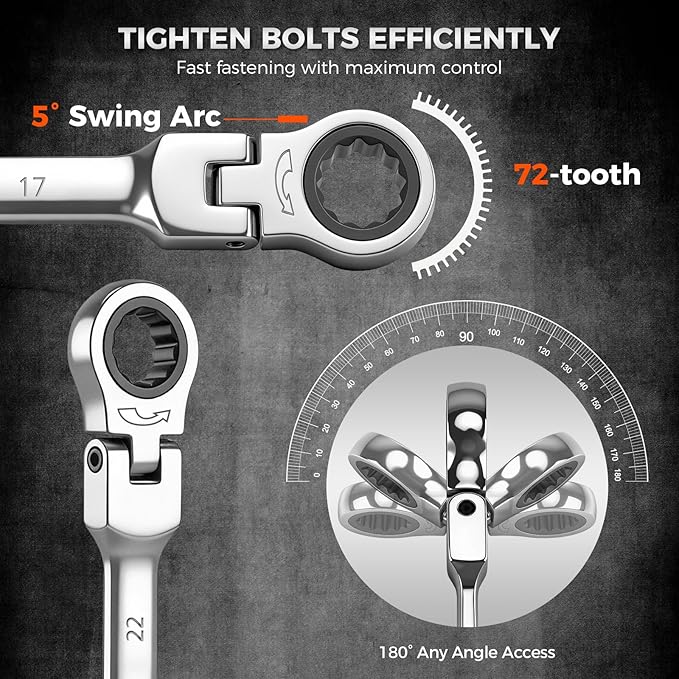 HORUSDY 12-Piece Metric Flex-Head Ratcheting Wrench Set 8-22mm, CR-V Ratchet Combination Wrenches with 72T 180° Flex Head, Magnetic Holder & Tool Bag for Auto, Motorcycle, Home & Repair