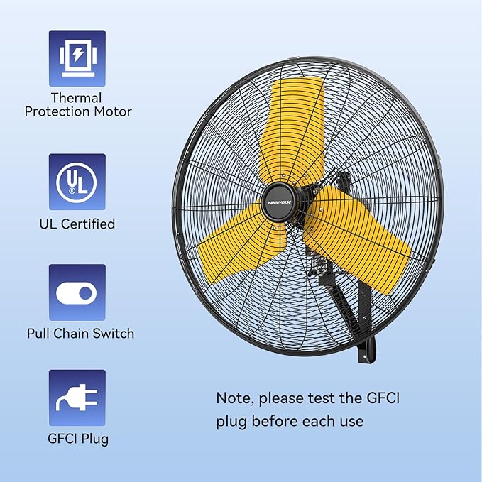 24 Inch Outdoor Waterproof Wall Mount Fan, 9500 CFM Heavy Duty Oscillating Commercial Metal Fan with Totally Enclosed Motor & GFCI Plug for Patio, Barn & Garage (UL Listed)