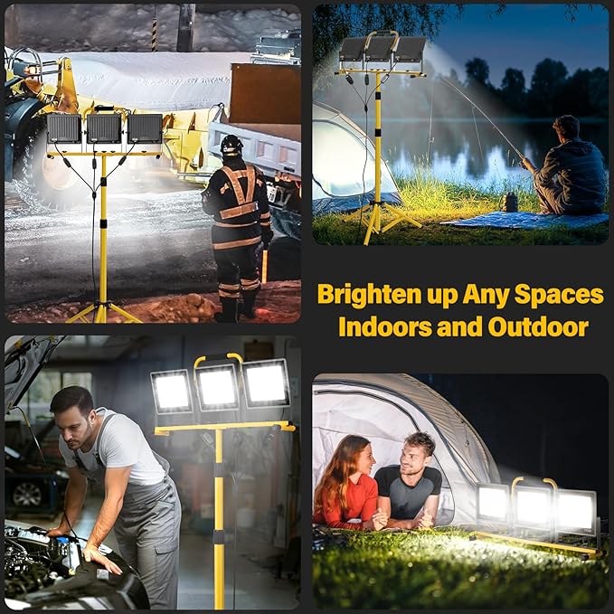 Portable LED Work Lights with Stand, 31000 Lumen 3 Head Work Lights with Individual Switch (3000K/5000K/6500K Selectable) & 16.5FT Cord, IP66 Waterproof Foldable Tripod Stand Worklights for Outdoor