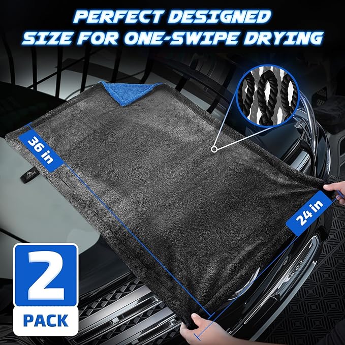 2-Pack 1200 GSM Car Drying Towels – Microfiber Towels for Cars (36" x 24"), Ultra-Absorbent, Streak-Free, Scratch-Free, No Water Spots, Double-Twist Pile & Edgeless Design(Blue)