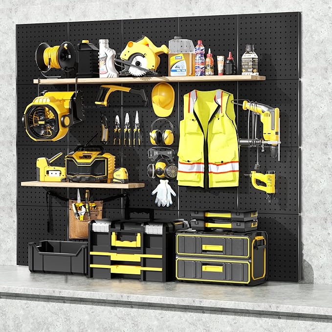 Peg Board, 6PCS Metal Pegboard, Heavy Duty Pegboard Wall Organizer with Frame. Black Pegboard for Walls, Garage, Workbench, Craft Room Tool Organization, Metal Pegboard Panels 12in*12in