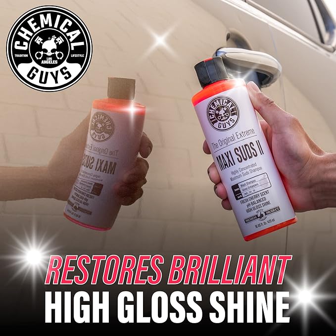 Chemical Guys CWS_101_16A Car Wash, Dry & Shine Bundle - Maxi-Suds II Foaming Car Wash Soap, 16 oz, Cherry Scent + After Wash Gloss Boosting Drying Aid (16 oz) (2 Items)
