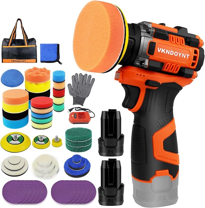 Brushless Cordless Polisher, 2 Variable Speed Mini Buffer Polisher (0-500/0-3000 RPM), 2Pcs 3.0Ah Batteries, 1/2/3" Backing Pads, 52 Accessories, Small Sander for Car Detailing/Buffing/Sanding/Waxing