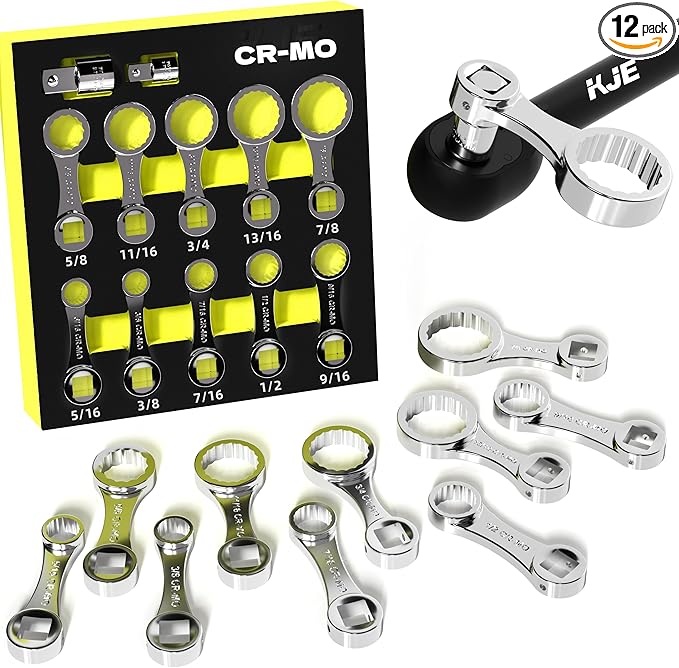 KJE 12PCS CR-MO SAE Torque Wrench Adapter Set(5/16" to 7/8"), 12-Point 3/8" Square Drive Torque Wrench Extension Adapter, Extension Rod Repair Tool
