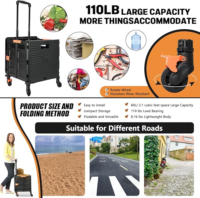 Foldable Utility Cart Folding Portable Rolling Crate Handcart Handcart Shopping Trolley Wheel Box with Lid,360°Rotate Wheels,Heavy Duty Durable Dolly Cart for Teacher Tourist Shopping Office Outdoor