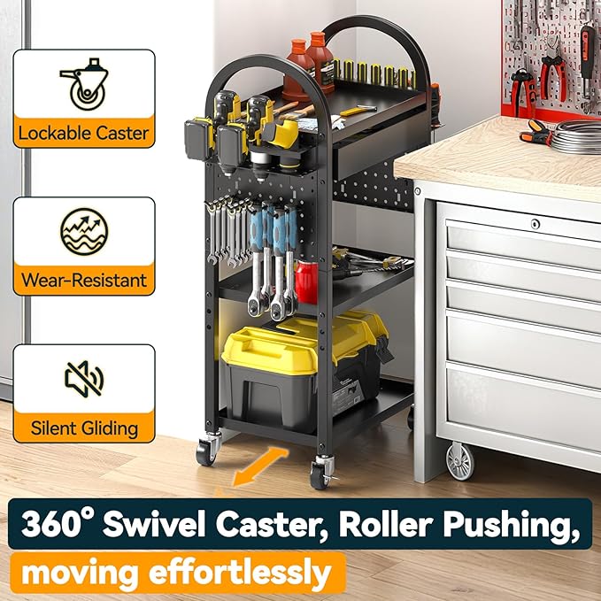 Warome Power Tool Organizer Cart with Drawer, Garage Floor Rolling Storage Cart on Wheels for Mechanic, Heavy Duty Utility Rack Shelf for 360° Swiveling, Garage Orgnization for Drill Holder