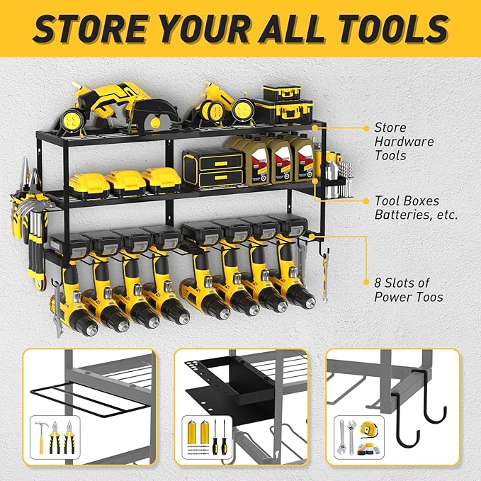 Power Tool Organizer Wall Mount Christmas Gifts for Fathers Dad, Extra Large Layers Heavy Duty Metal Organization Loads 300lbs with 8 Cordless Drill Holder, Tool Shelf for Workshop, Utility Racks