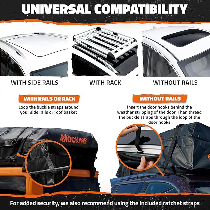 Mockins 25 CuFt Waterproof Rooftop Cargo Carrier Bag | 60"x43"x17" All-Weather 500D Soft-Shell Vinyl Car Top Carrier Without Roof Rack | Vehicle Soft-Shell Carriers with Roof Mat, Lock, Hooks & Straps