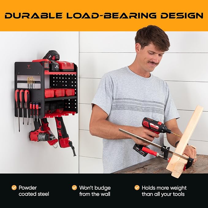 Power Tool Organizer Wall Mount, 4 Layer Heavy Duty Metal Tool Storage Rack with 4 Drill Holders, Pegboard Side Panels & Hooks, Garage Tool Organizer Wall Mount for Cordless Tools, Workshop, Shed