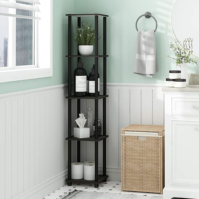 FURINNO Turn-N-Tube 5-Tier Corner Square Rack Display Shelf, Round, Espresso/Black