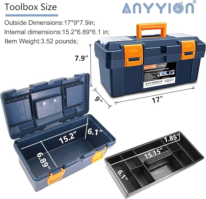 Anyyion 16.5-inch Tool Box with Removable Tray, Small Parts Box On The Lid is Removable, Tray Can be Removed and Combined at Will (Internal Dimensions 15.2x6.89x6.1 inch)