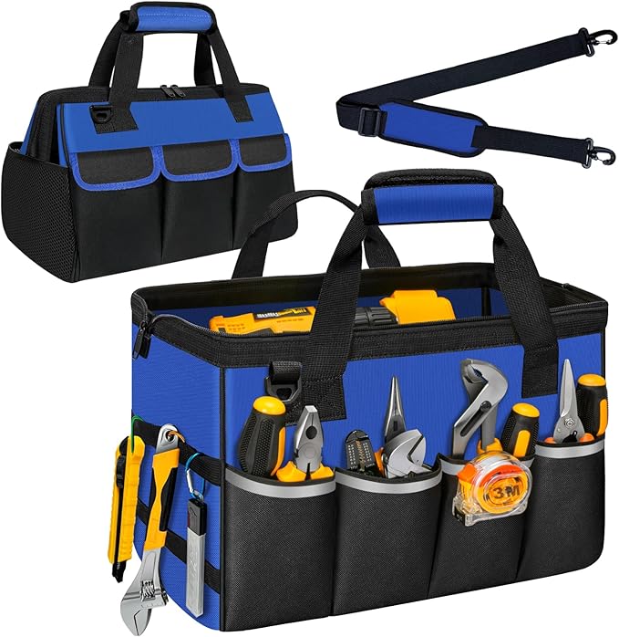 NECKORY Tool Bag, Portable Tool Box Organizer Adjustable Shoulder Strap, Carry Tool Tote Heavy Duty Tool Storage Bag With Wide Mouth,Tool Bags for Men Mechanic EngineerGift - L, Blue & Black