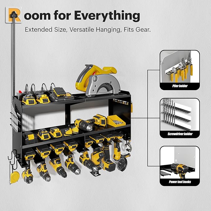 Spampur Power Tool Organizer Wall Mount with Charging Station, 15 Min Assembly & Maximum 420lb Load by Heavy Duty Metal, 8 Slots for Cordless Drill, Tool Battery Holder with 6 Outlet Power Strip