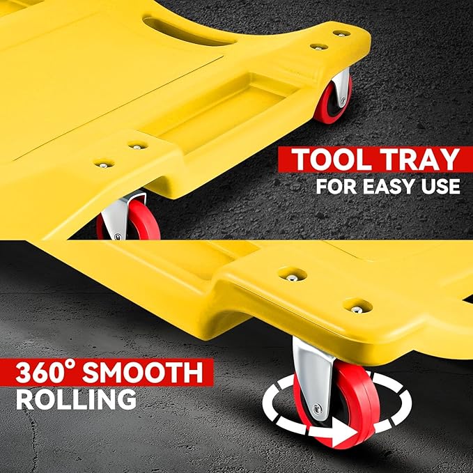 Auto Dynasty 36 Inches Mechanic Creeper, Automotive Garage Repair Low Profile Under Car Rolling Creeper with Padded Headrest, Plastic, Yellow