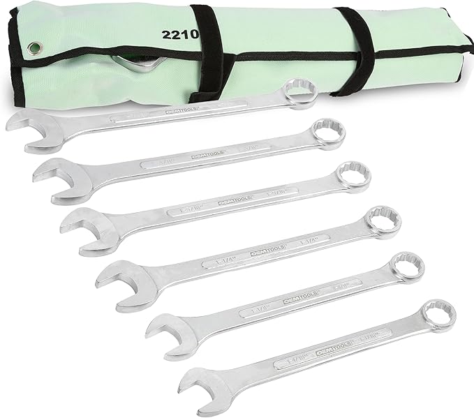 OEMTOOLS 22100 6-PC SAE Jumbo Combination Wrench Set, 1-1/16" to 1-7/16", 12 Pt. Box End Wrenches, 15° Offset for Knuckle Clearance, Chrome Plated Finish with Wrench Roll