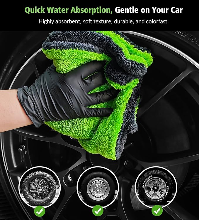 YeewayVeh 2-Pack 16"x16" Car Detailing Drying Towels, 1400 GSM Microfiber Drying Towels, for Final Water Chasing, Safe Drying of Gaps, Mirrors & Vehicle Interiors, Green