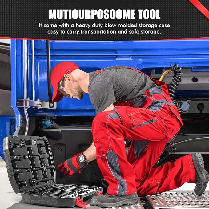 3/8“ Impact Socket Set, 74-Piece Drive 6-Point Deep Socket Wrench Set with 72-Tooth Ratchet, Standard SAE 5/16” - 7/8" & Metric 8mm - 22mm, Set for Home Use and Automotive Repair.