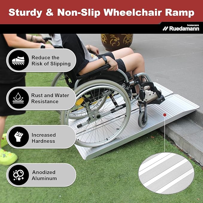 Ruedamann 2 Feet Portable Wheelchair Ramp for Doorways, Non-Slip Aluminum Wheelchair Ramp, Folding Ramp for Home Steps, Threshold Ramp for Wheelchairs, Scooters, Steps, Stairs, Walkers, Pets