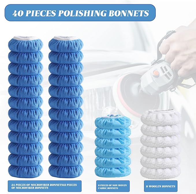 Mudder 40 Pieces Buffer Pads Cover Car Polisher Bonnet Orbital Buffer Bonnets Microfiber Waxers Bonnet Set Including 24 Microfiber 8 Plush 8 Non Woven for Polisher(7-8 Inch)