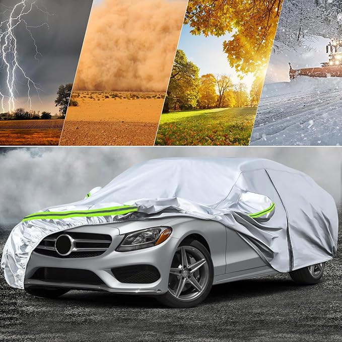 Waterproof Car Covers Replace for 2008-2025 Mercedes Benz C-Class C250 C300 C350, 6 Layers Silver All Weather Car Cover with Zipper Door & Windproof Bands for Snow Rain Dust Protection